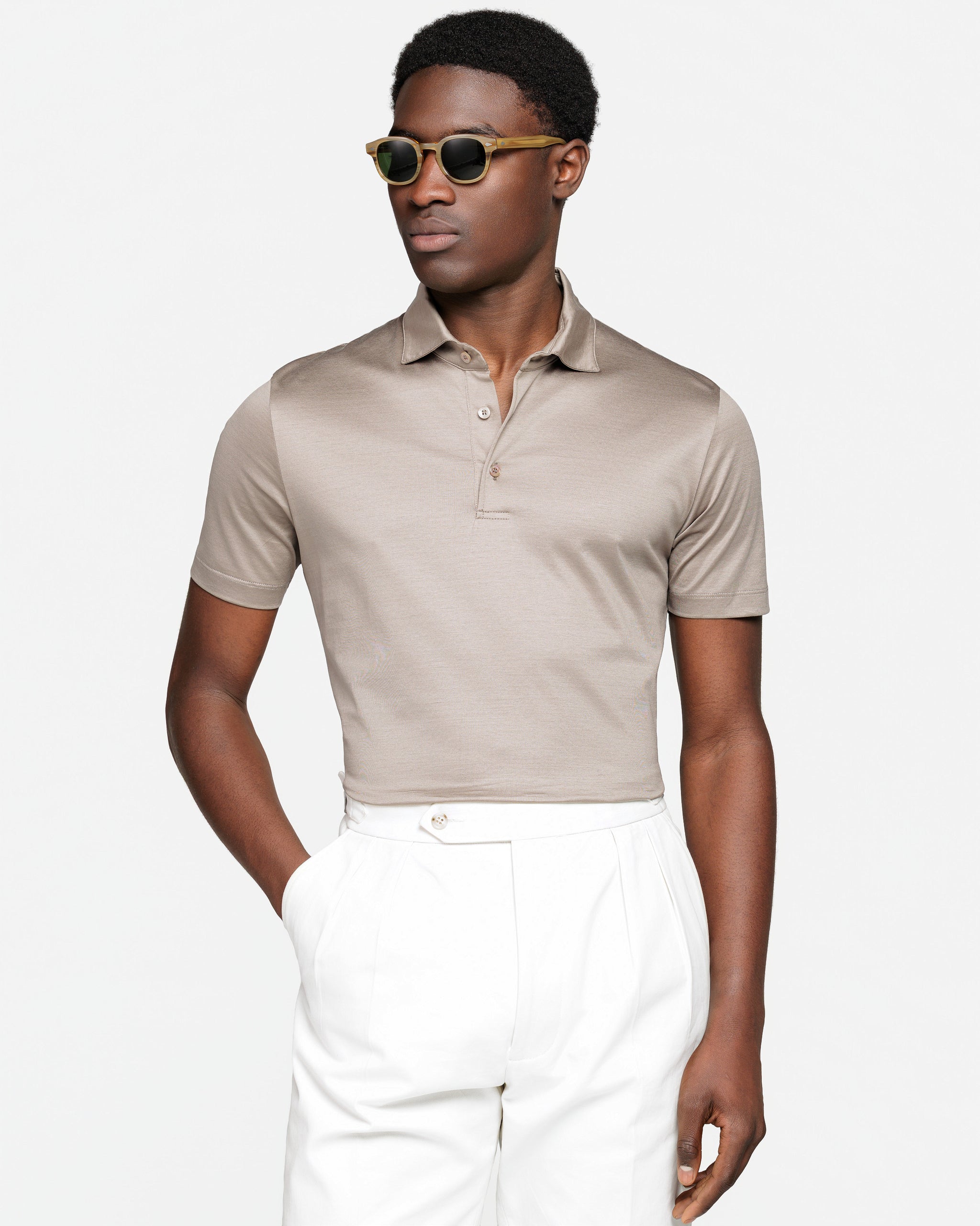 Taupe Short Sleeve Classic Three-Button Polo 100% Egyptian Cotton | Filatori