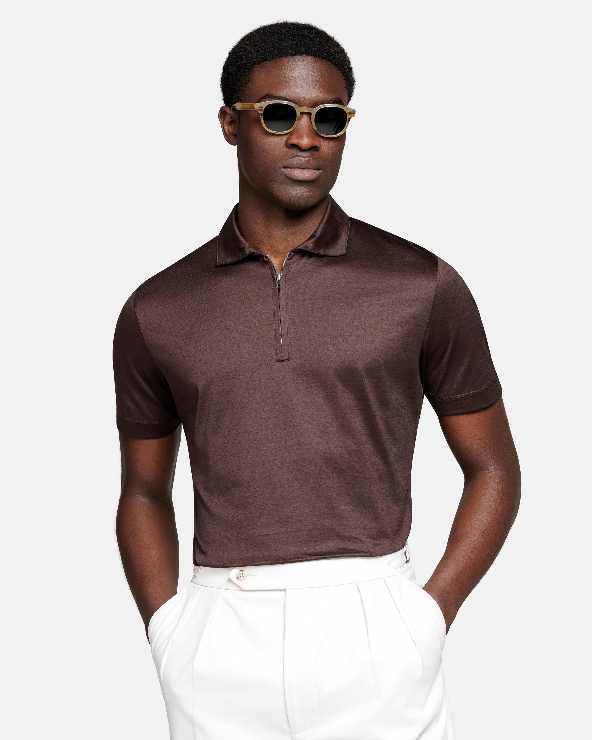 Polo mezza zip manica corta tinta unita Marrone 100% Cotone egiziano | Filatori