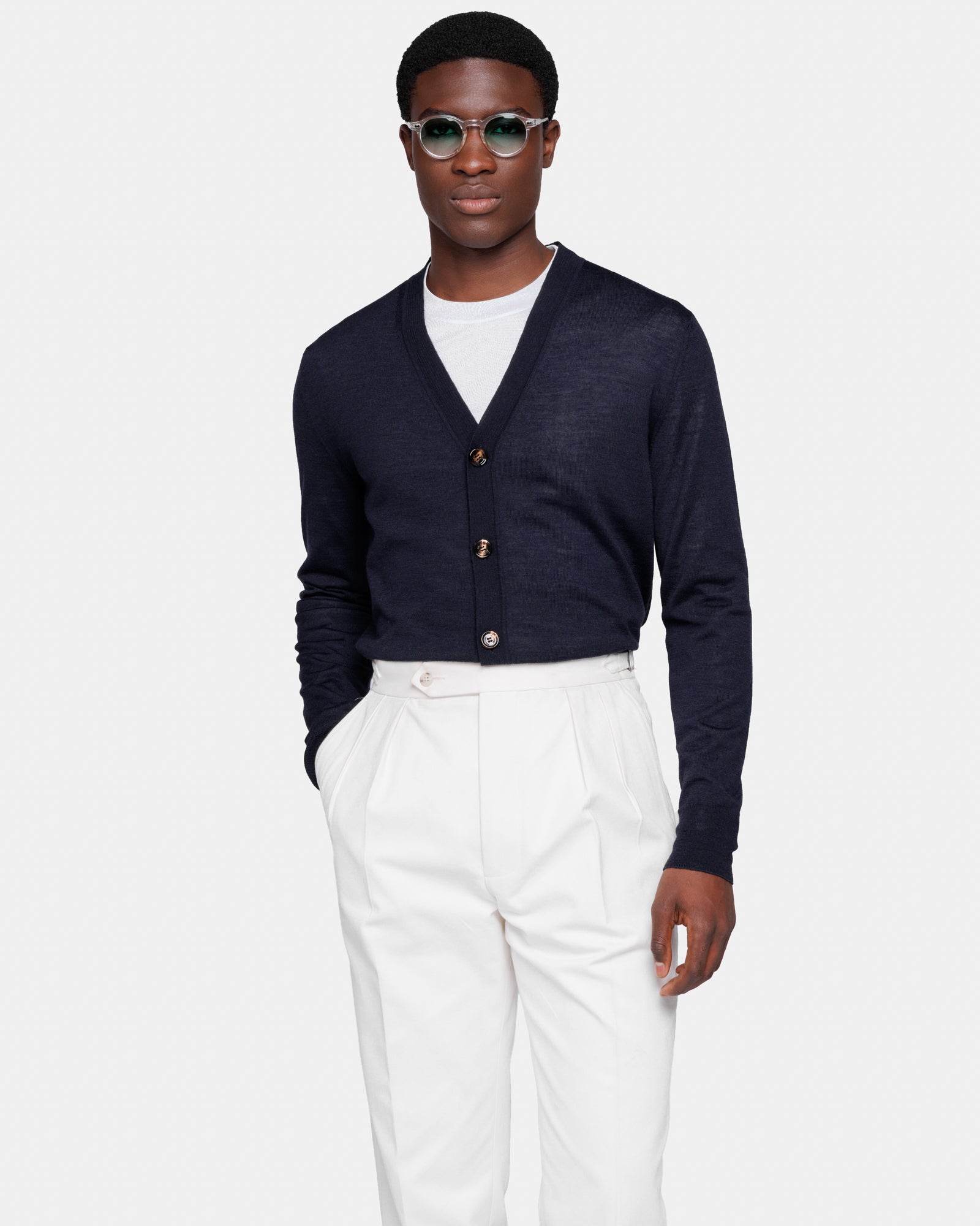 Long Sleeved Buttoned Cardigan in Navy Blue Extrafine Merino Wool and Silk | Filatori