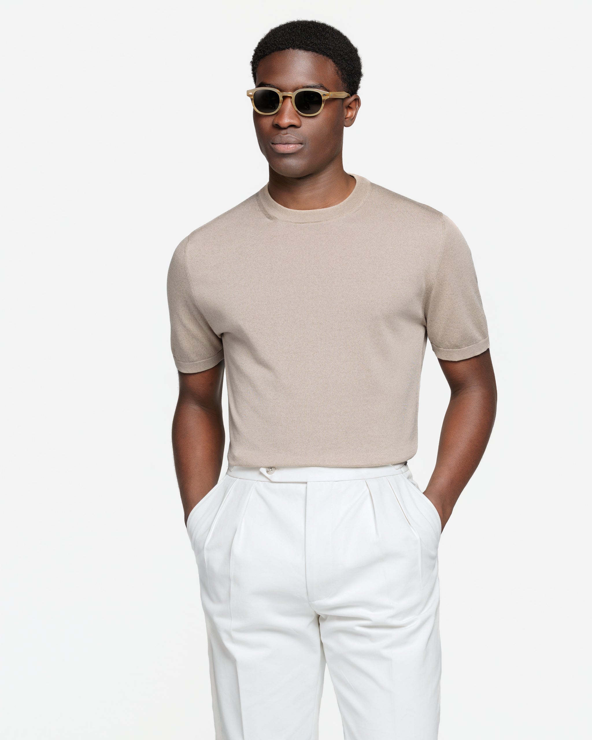 Almond Short Sleeve Crewneck Knitwear in Organic Cotton Mulberry Silk | Filatori