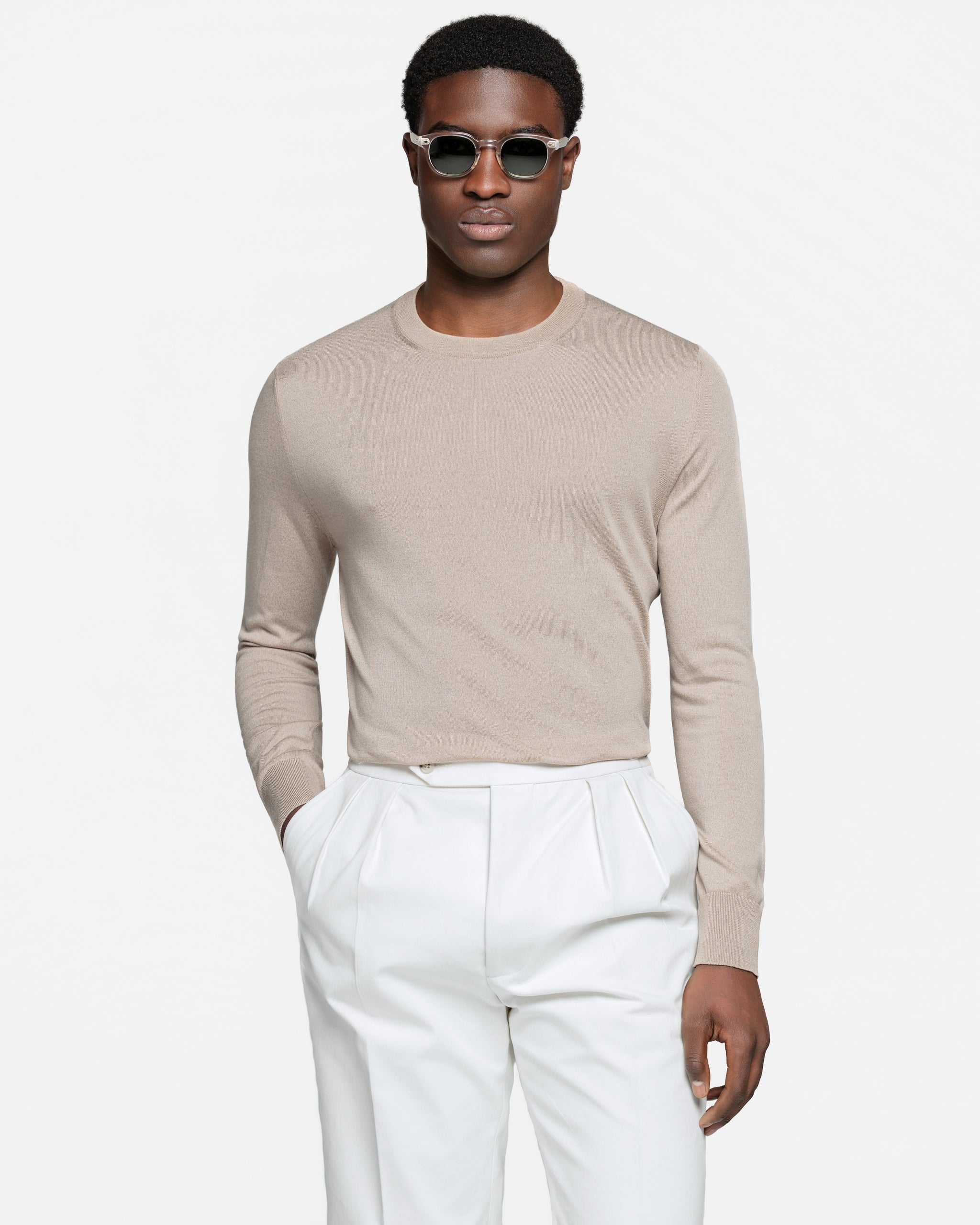 Almond Long Sleeve Crewneck Knitwear in Organic Cotton Mulberry Silk | Filatori