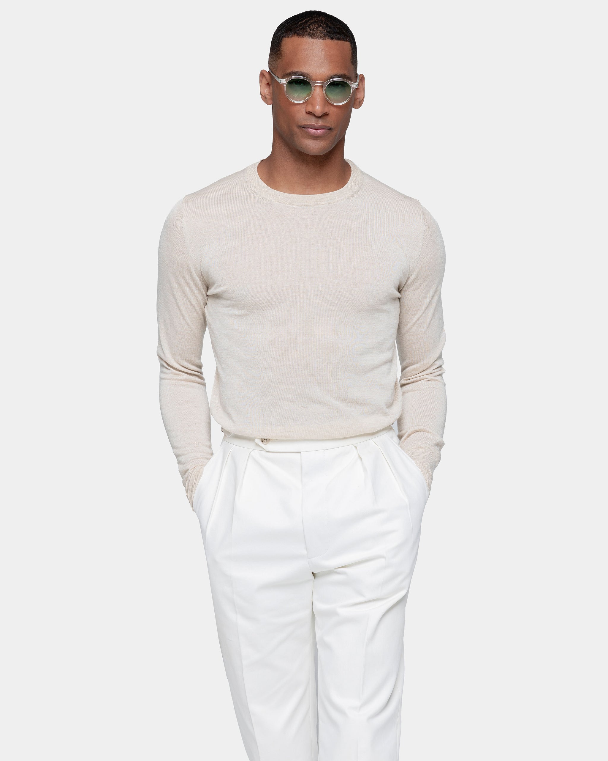 Beige Long Sleeved Crewneck Knitwear in Extrafine Merino Wool and Silk | Filatori