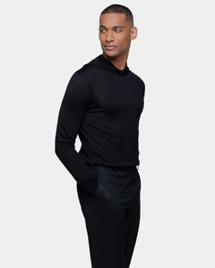 Black Long Sleeved Hoodie Knitwear in Extrafine Merino Wool and Silk | Filatori