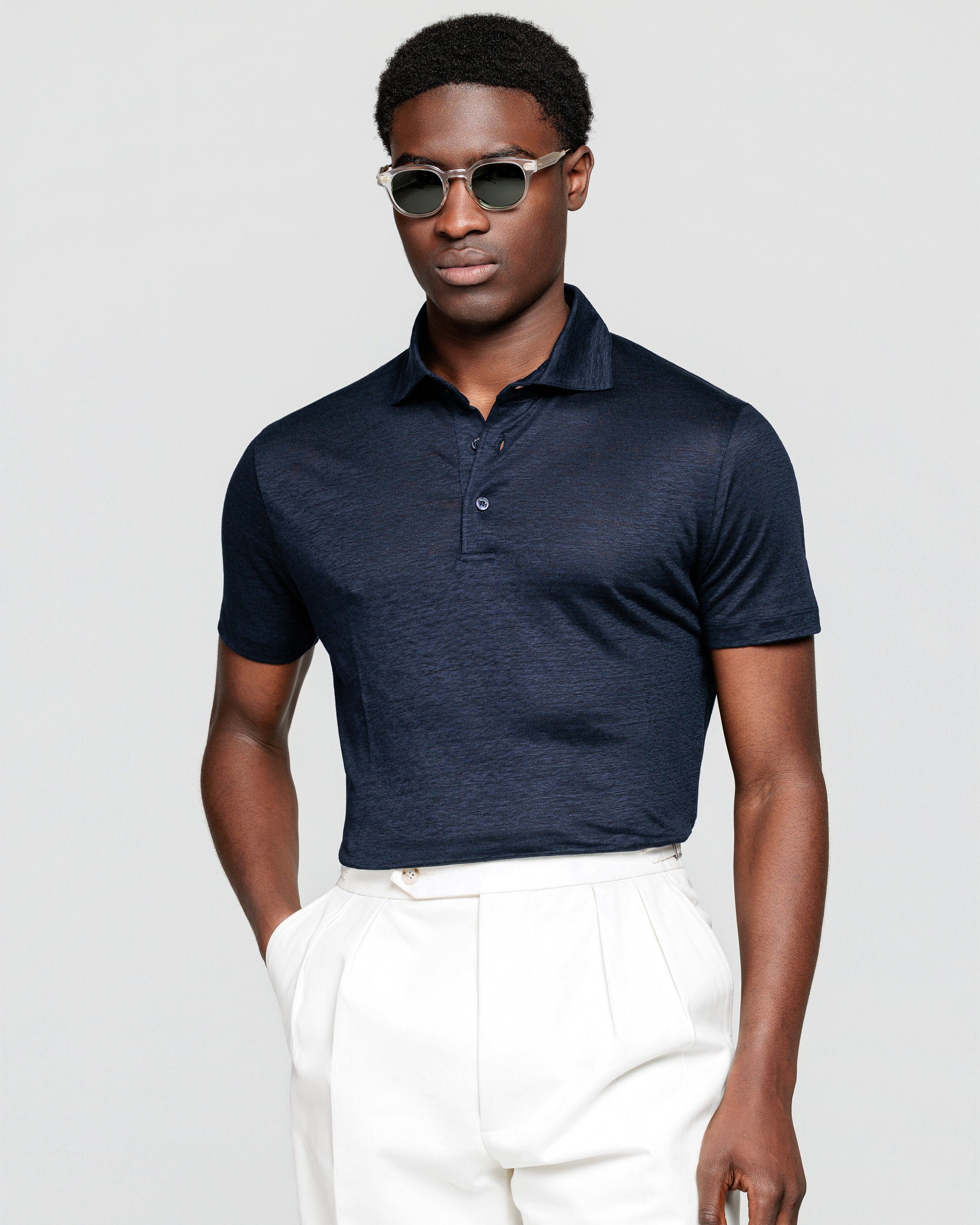 Blue Short Sleeve Classic Three-Button Polo 100% Masters of Linen | Filatori