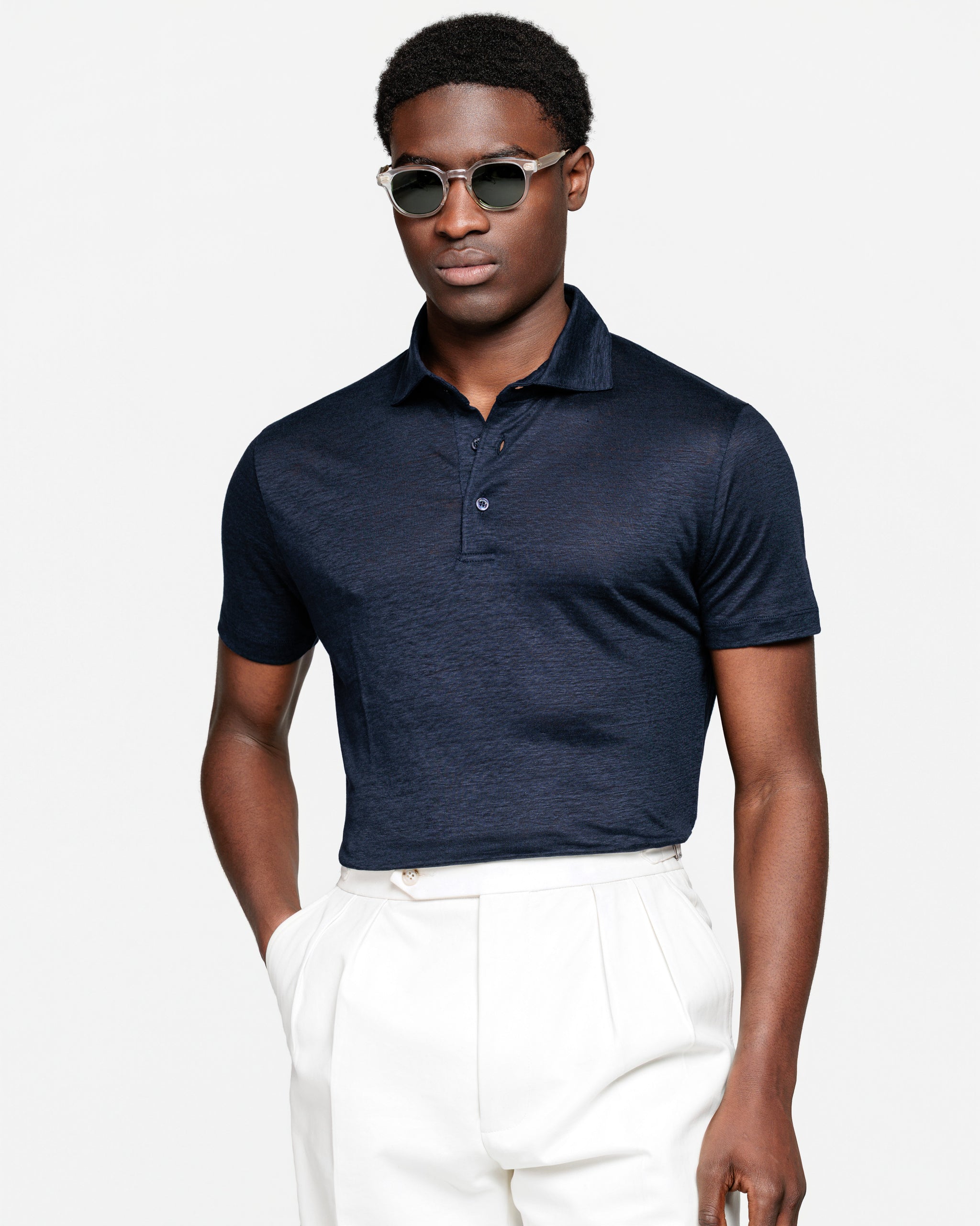 Blue Short Sleeve Classic Three-Button Polo 100% Masters of Linen | Filatori