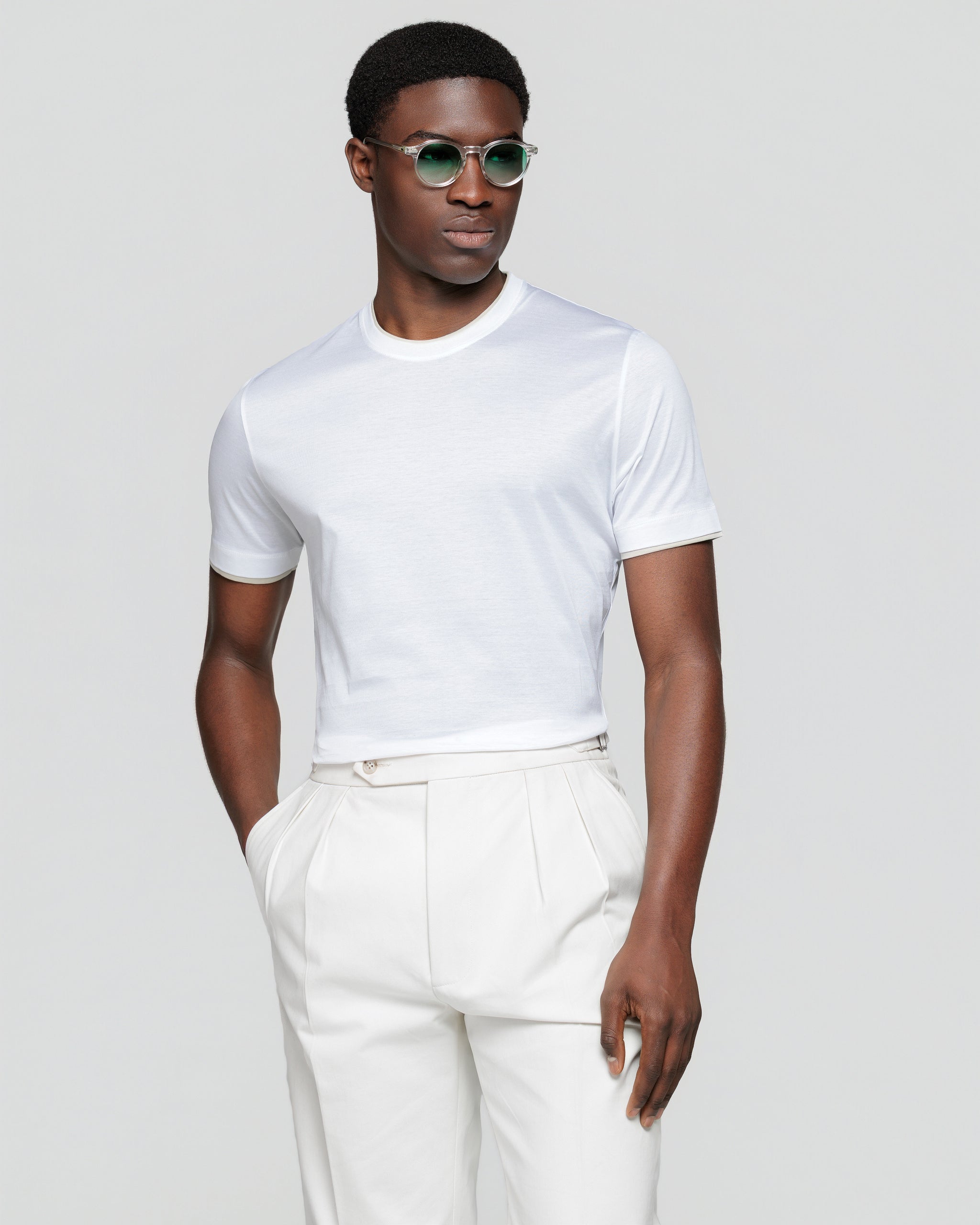 T shirt manica corta tinta unita Bianca con Faux Layering Grigio Perla 100% Cotone egiziano | Filatori