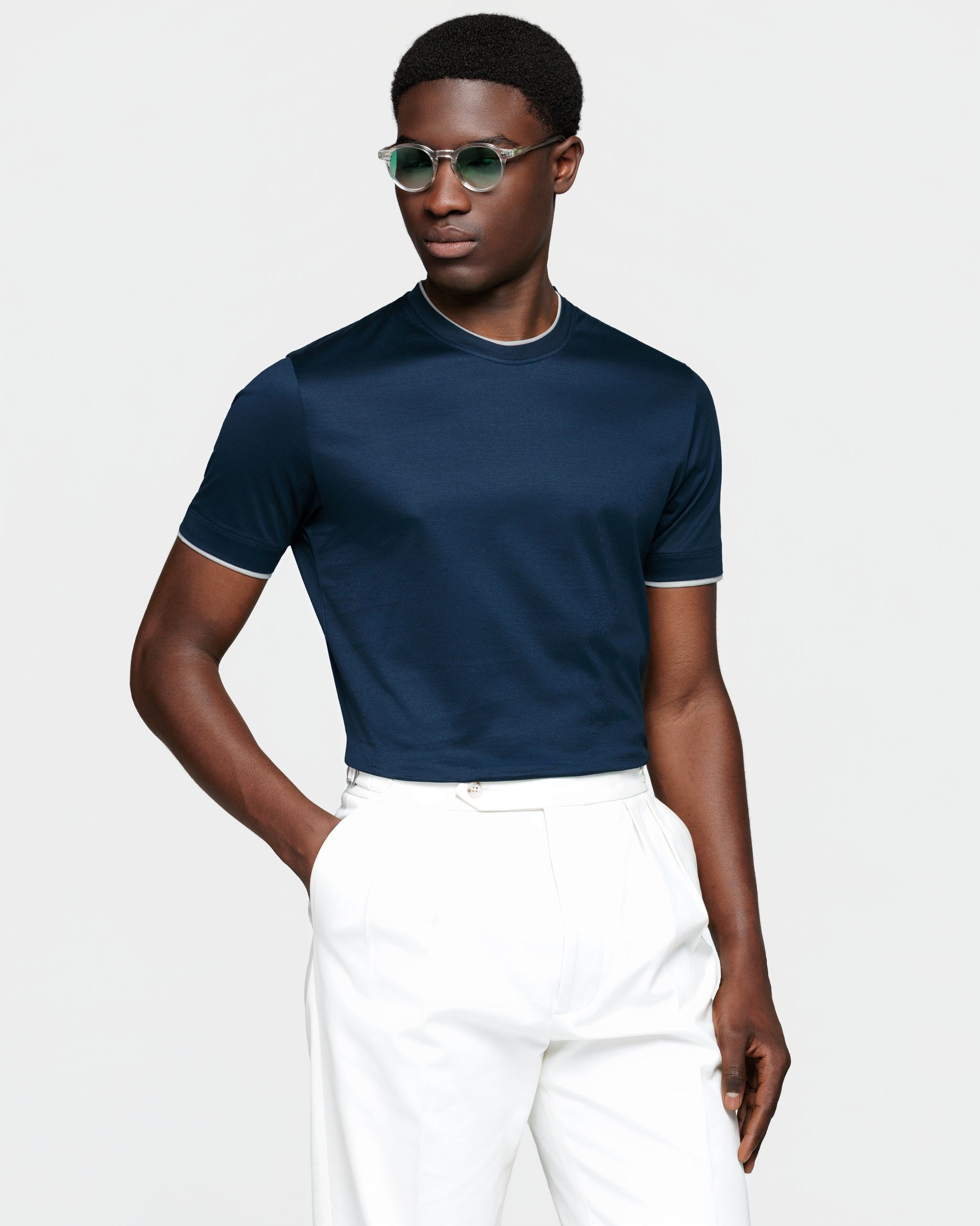 Blue Short Sleeve T-Shirt with Pearl Grey Faux Layering 100% Egyptian Cotton | Filatori 